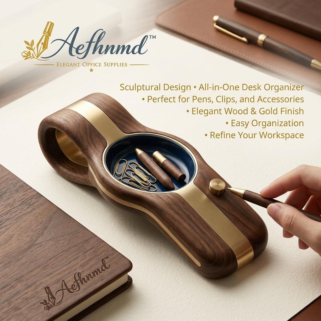 Aefhnmd™ Luxury Sculptural Wooden Desk Organizer | Premium Walnut & Brass Valet Tray, Elegant Office Accessories, Modern Pen & Paperclip Holder for Executive Workspace, Aesthetic Office Gift
