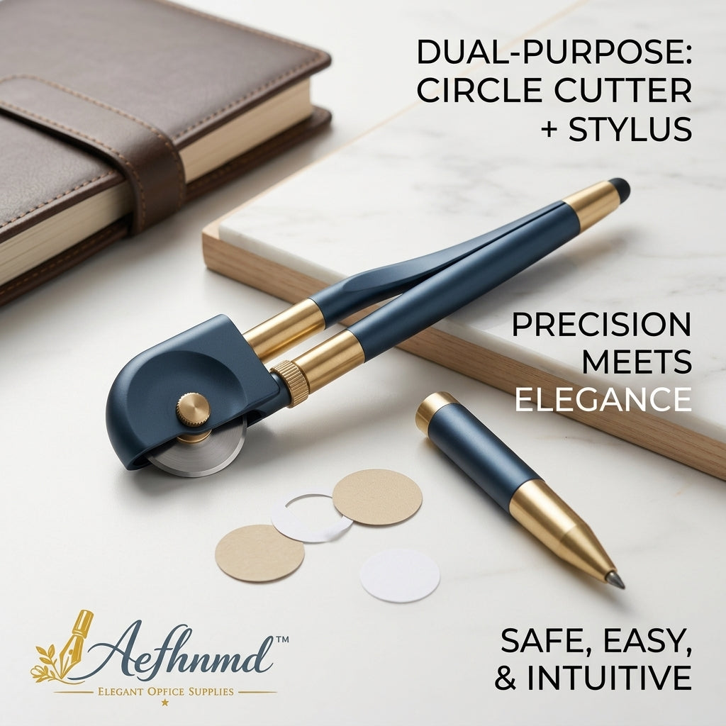 Aefhnmd™ Dual-Purpose Precision Circle Cutter & Stylus Pen | Elegant 2-in-1 Crafting Tool for Bullet Journaling, Scrapbooking, & Professional Design | Premium Matte Blue & Gold Finish