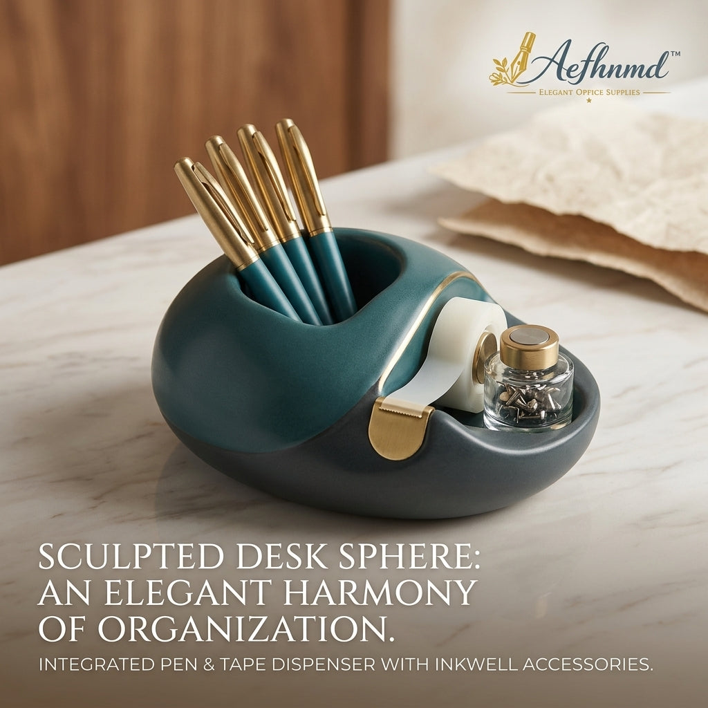 Aefhnmd™ Sculpted Desk Sphere Organizer – Luxury Ceramic Pen Holder, Integrated Tape Dispenser & Glass Accessory Jar, Modern Aesthetic Desktop Stationery Storage & Elegant Office Decor for Executive Desk