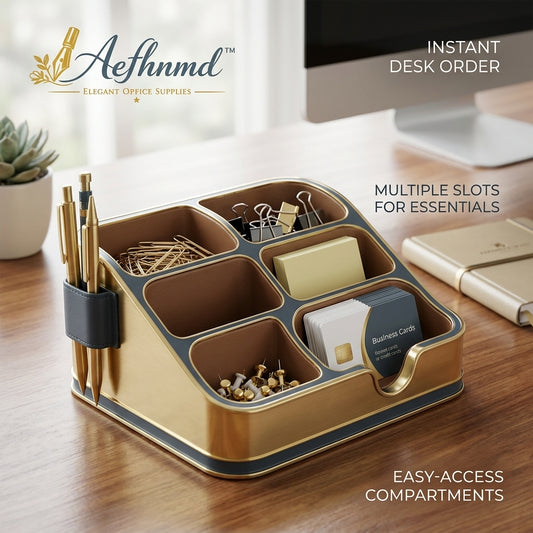 Aefhnmd™ Luxury Desk Organizer – Elegant Gold & Faux Leather Desktop Storage Caddy | Multi-Slot Holder for Pens, Business Cards, Stationery | Sophisticated Workspace Solutions for Home & Office