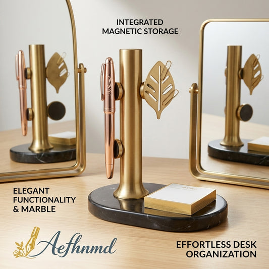 Aefhnmd™ Magnetic Desk Organizer – Modern Gold Metal Pen Holder with Marble Base & Leaf Paperclip Stand – Luxury Home Office Stationery Storage, Aesthetic Executive Desk Accessories
