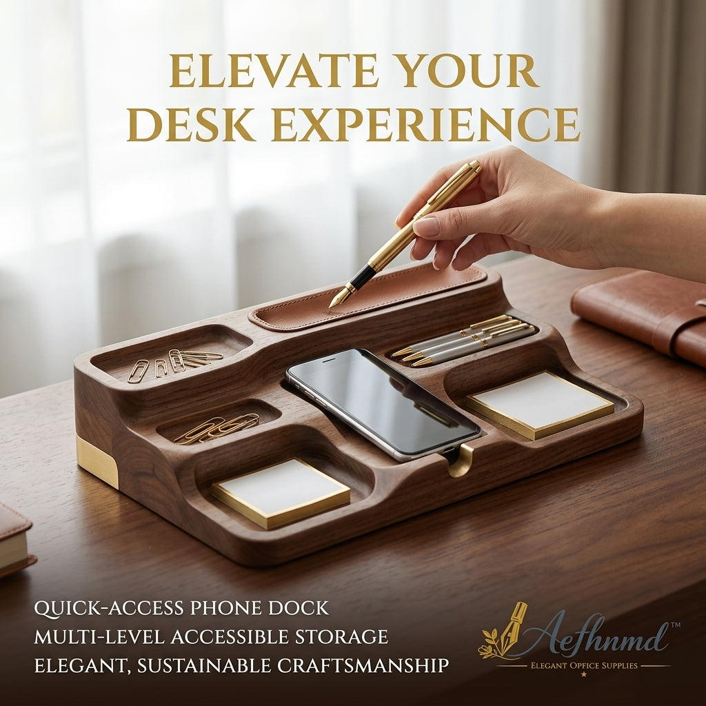 Aefhnmd™ Luxury Walnut Wood Desk Organizer - Multi-Level Desktop Storage Stand with Leather Pen Tray & Phone Dock - Premium Office Accessories & Executive Gift for Men and Women
