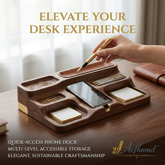 Aefhnmd™ Luxury Walnut Wood Desk Organizer - Multi-Level Desktop Storage Stand with Leather Pen Tray & Phone Dock - Premium Office Accessories & Executive Gift for Men and Women